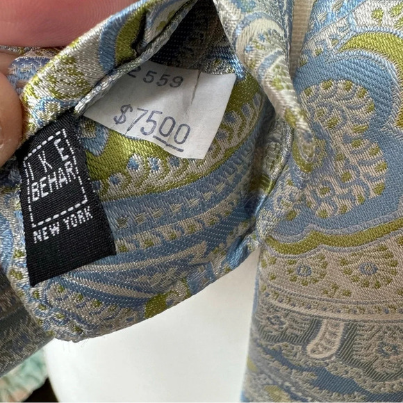 Ike Behar Pastel Blue Green Off-white Paisley Silk USA Made Necktie - Picture 5 of 6